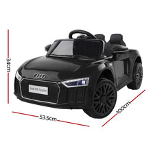 Audi Toy Cars with Remote Control Licensed Audi R8 Spyder Black | Electric Audi Cars for Kids from kidscarz.com.au, we sell affordable ride on toys, free shipping Australia wide, Load image into Gallery viewer, Audi Toy Car | Kids Ride On Electric Car with Remote Control | Licensed Audi R8 | Black dimensions
