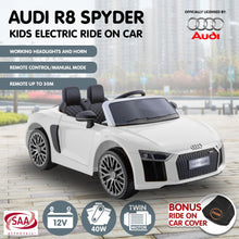 Kahuna R8 Spyder Audi Licensed Kids Electric Ride On Car Remote Control - White from kidscarz.com.au, we sell affordable ride on toys, free shipping Australia wide, Load image into Gallery viewer, Kahuna R8 Spyder Audi Licensed Kids Electric Ride On Car Remote Control - White
