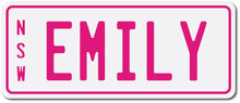 Custom Personalised Mini Kids Number Plates for Electric Cars & Ride Ons from kidscarz.com.au, we sell affordable ride on toys, free shipping Australia wide, Load image into Gallery viewer, Personalised Mini Number Plates in Pink for Kids Cars

